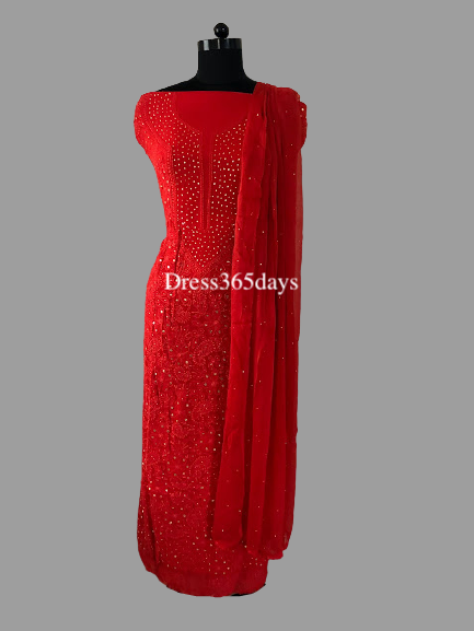 Red Georgette Mukaish Lucknowi Suit - Dress365days