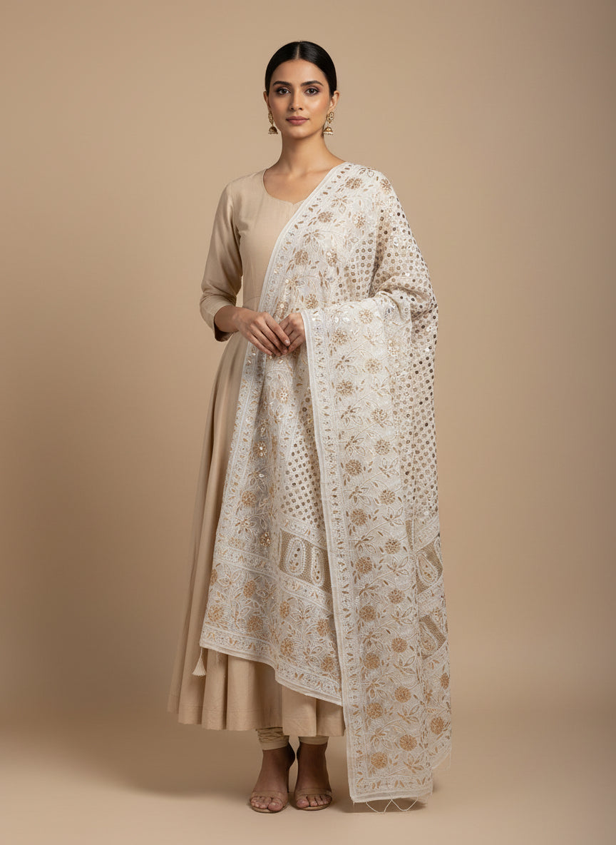 Lucknowi Chikankari dupatta with original mirror and gotapatti work
