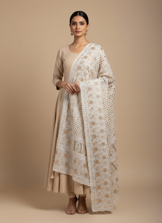 Lucknowi Chikankari dupatta with original mirror and gotapatti work