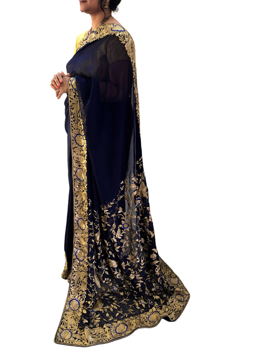 Pre-Order Navy & Gold Parsi Gara Hand Embroidered Saree