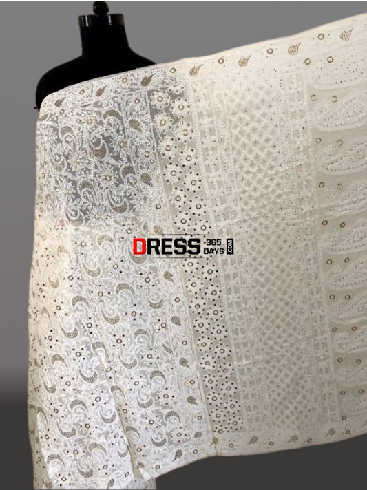 Ivory Mukaish Chikankari Saree - Dress365days