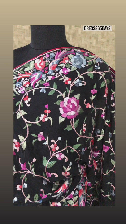 Pre Order Black Multicolour Parsi Gara Saree - Crepe Silk