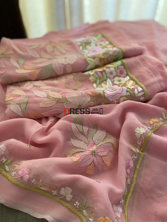 All Over Pink Hand Embroidered Parsi Gara Chikankari Suit Suits