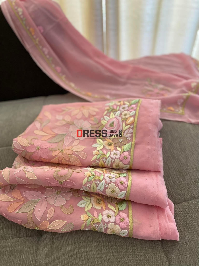 All Over Pink Hand Embroidered Parsi Gara Chikankari Suit Suits