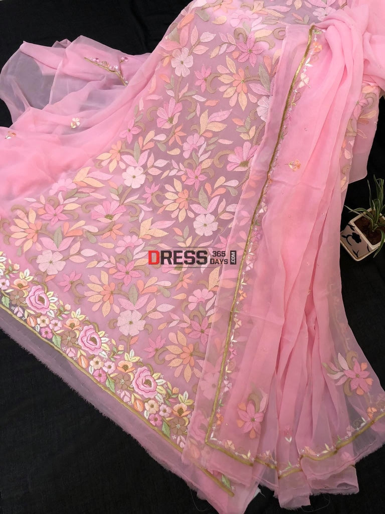 Pink Hand Embroidered Parsi Gara Chikankari Suit Suits