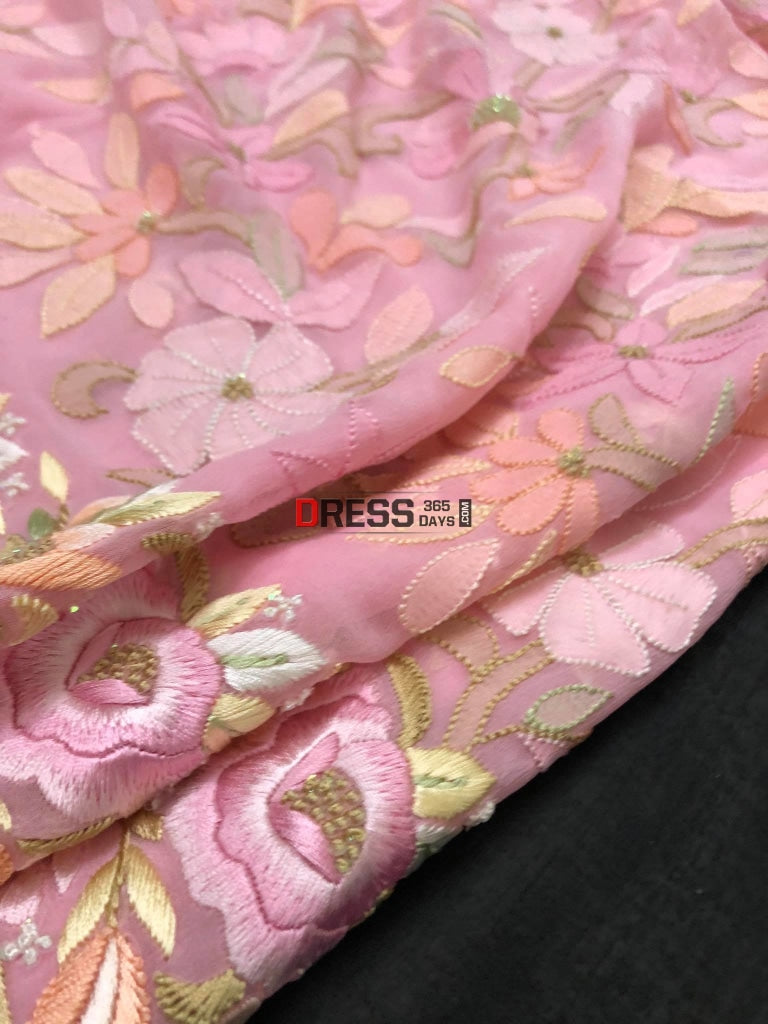 Pink Hand Embroidered Parsi Gara Chikankari Suit Suits