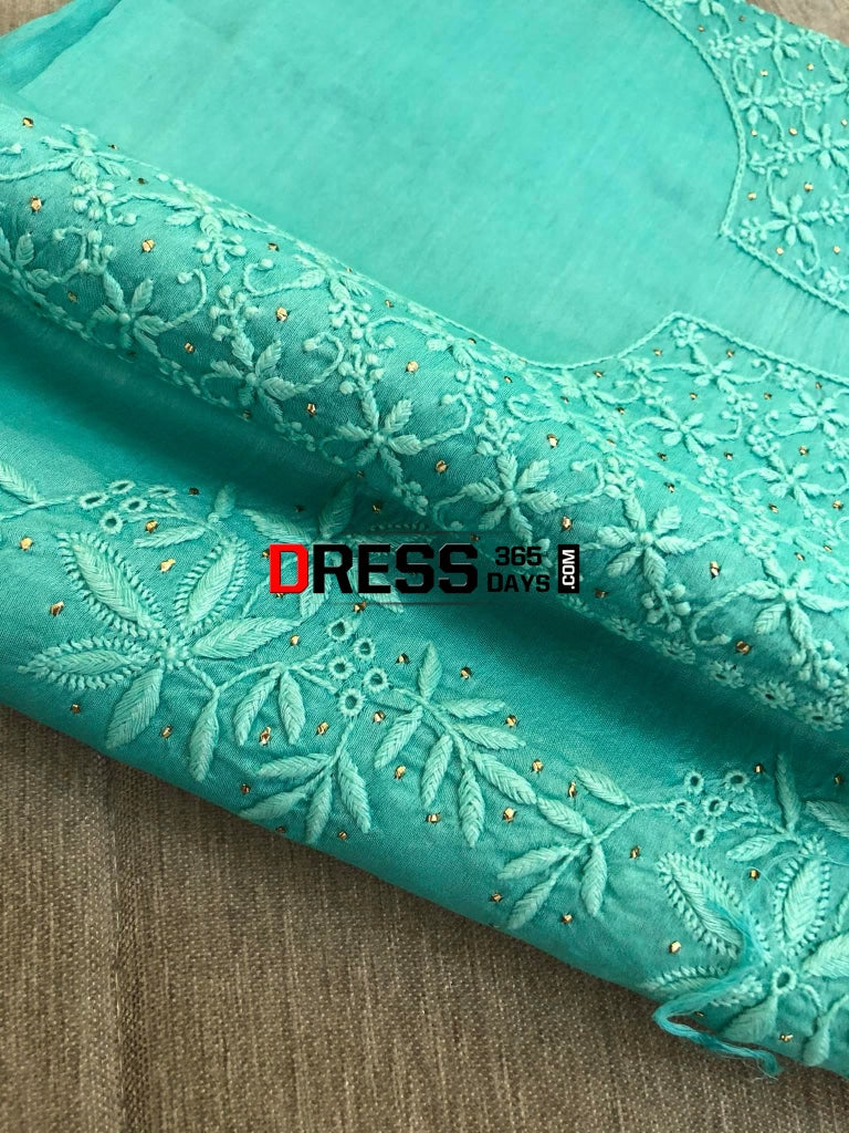 Aqua Green Fine Chanderi Mukaish Suit Chikankari Suits
