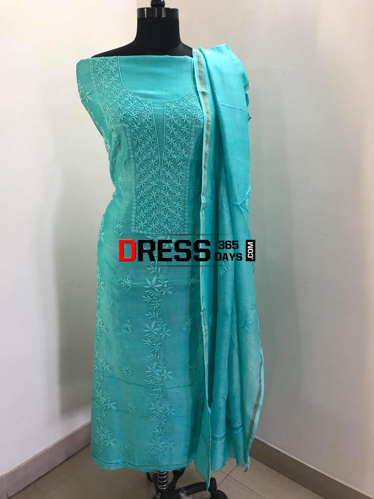 Aqua Green Fine Chanderi Mukaish Suit Chikankari Suits