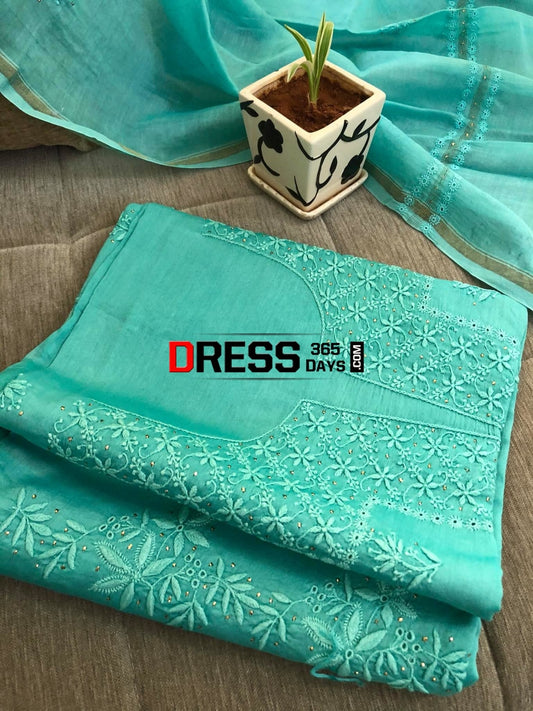 Aqua Green Fine Chanderi Mukaish Suit Chikankari Suits