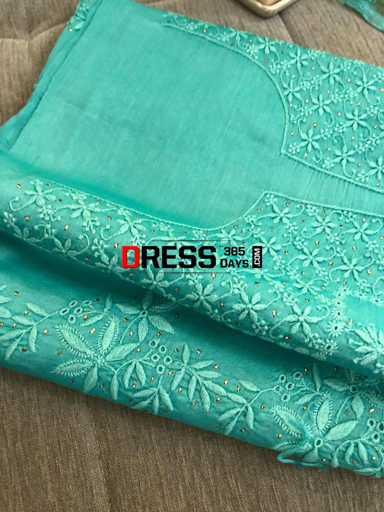 Aqua Green Fine Chanderi Mukaish Suit Chikankari Suits
