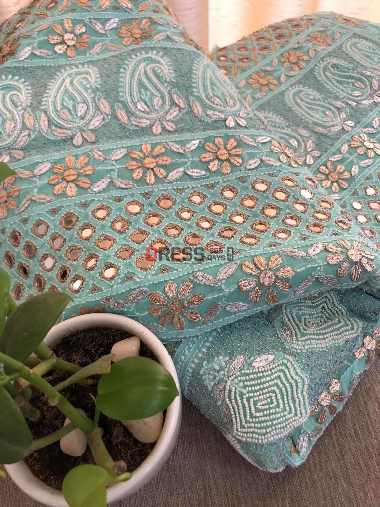 Aqua Green Gota Patti Mirror & Pearl Lucknowi Saree Chikankari