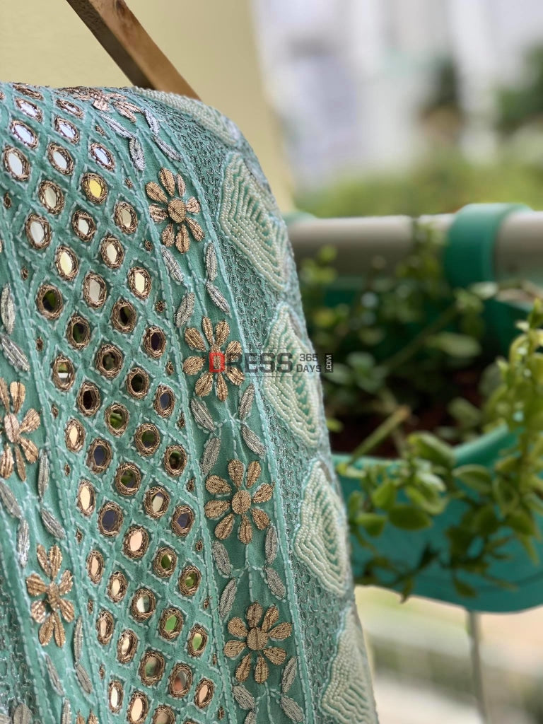 Aqua Green Gota Patti Mirror & Pearl Lucknowi Saree Chikankari