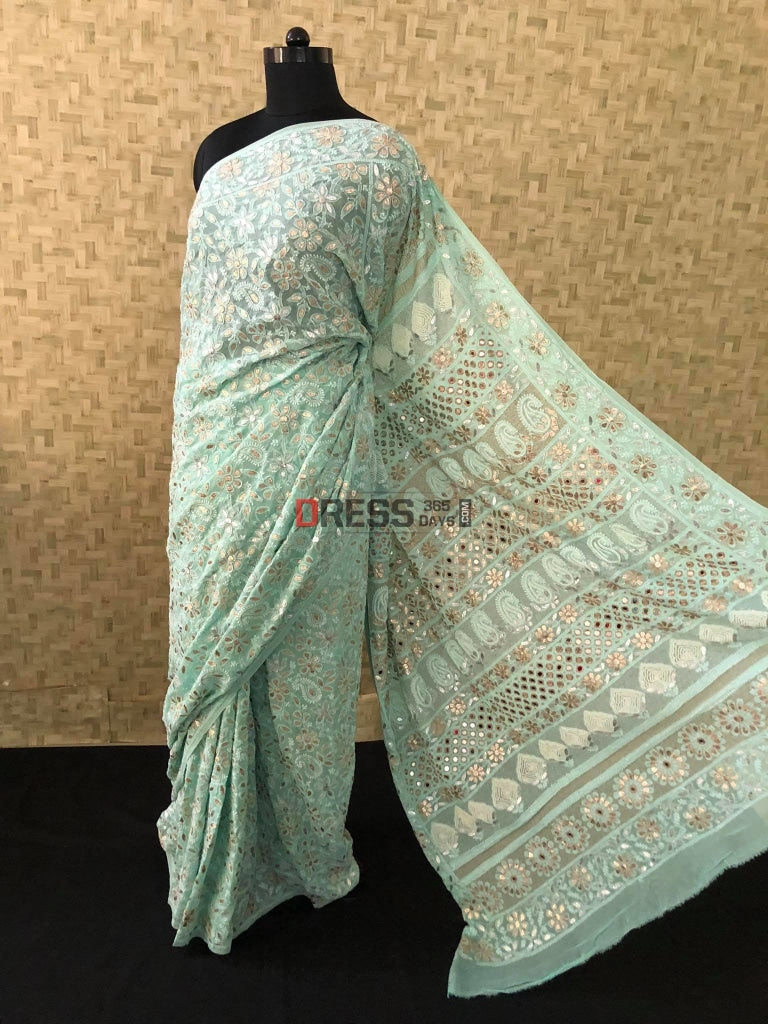 Aqua Green Gota Patti Mirror & Pearl Lucknowi Saree Chikankari