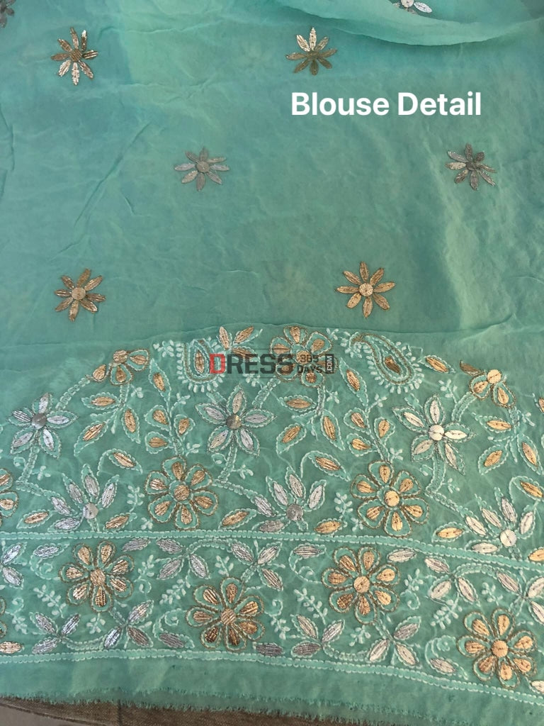 Aqua Green Gota Patti Mirror & Pearl Lucknowi Saree Chikankari