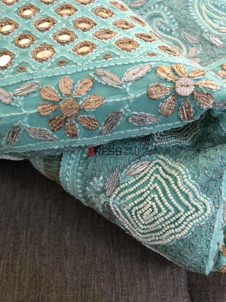 Aqua Green Gota Patti Mirror & Pearl Lucknowi Saree Chikankari