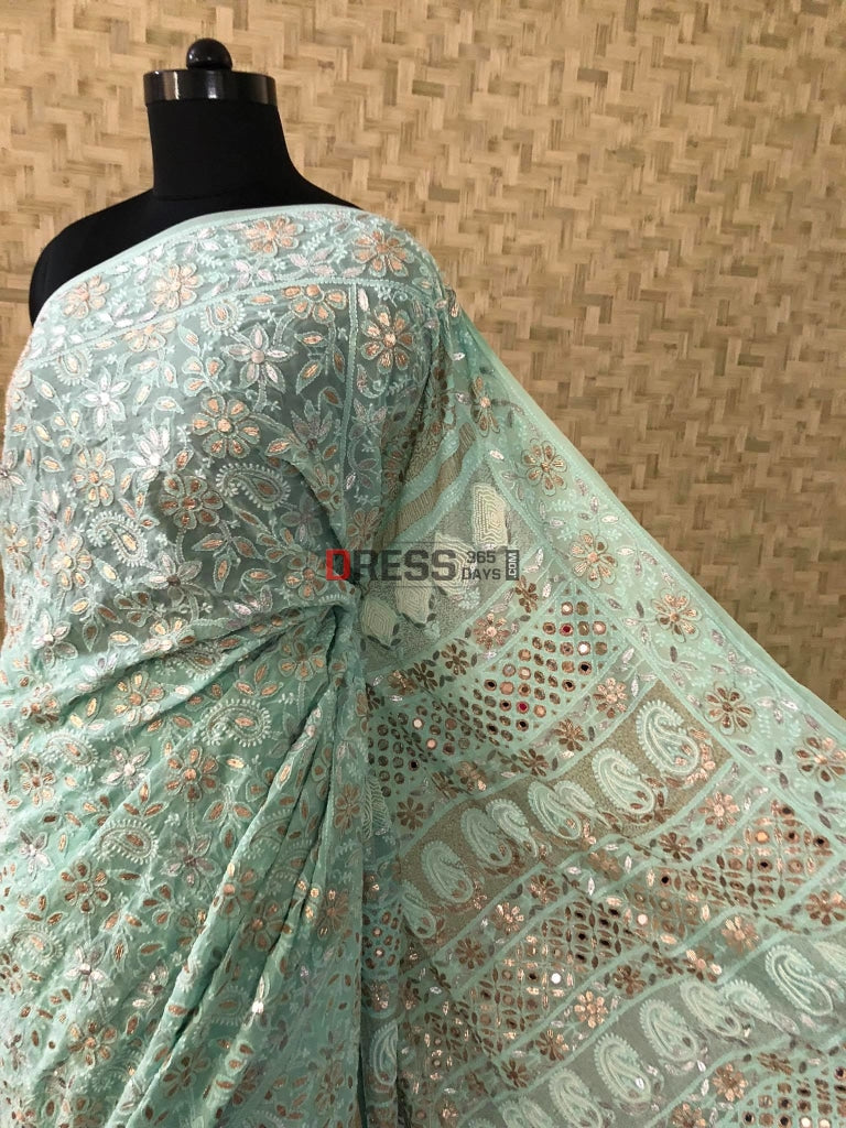 Aqua Green Gota Patti Mirror & Pearl Lucknowi Saree Chikankari