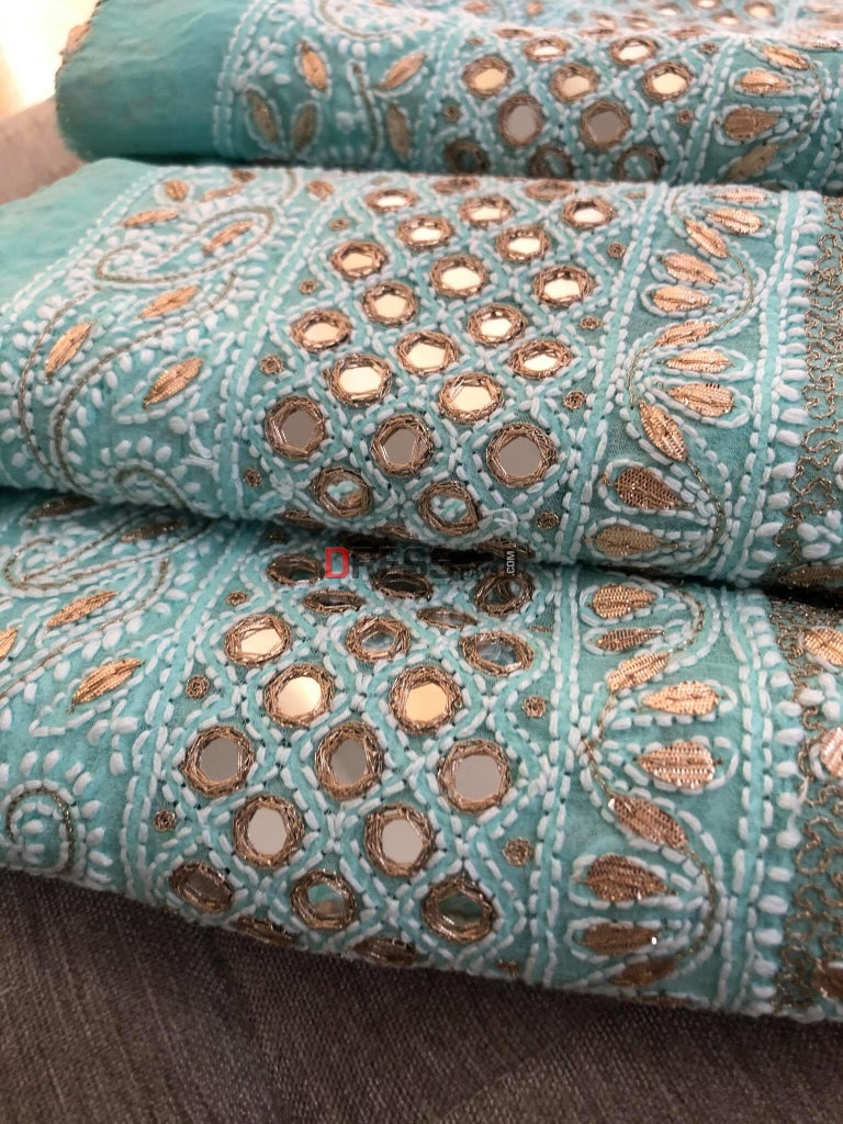 Aqua Green Mirror & Gota Patti Chikankari Lehenga Set