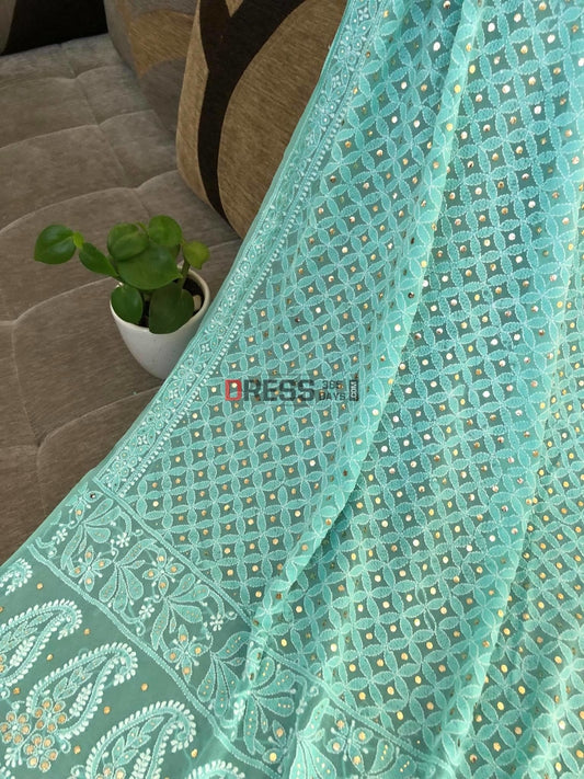 Aqua Green Mukaish Lucknowi Chikankari Dupatta