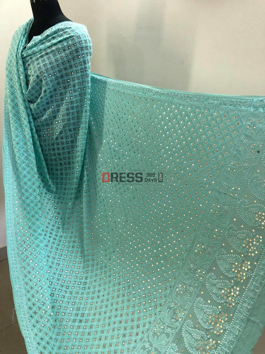 Aqua Green Mukaish Lucknowi Chikankari Dupatta