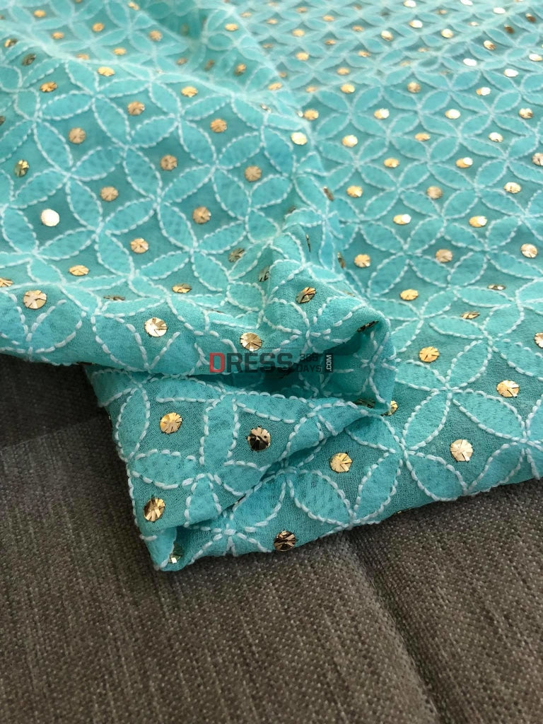Aqua Green Mukaish Lucknowi Chikankari Dupatta