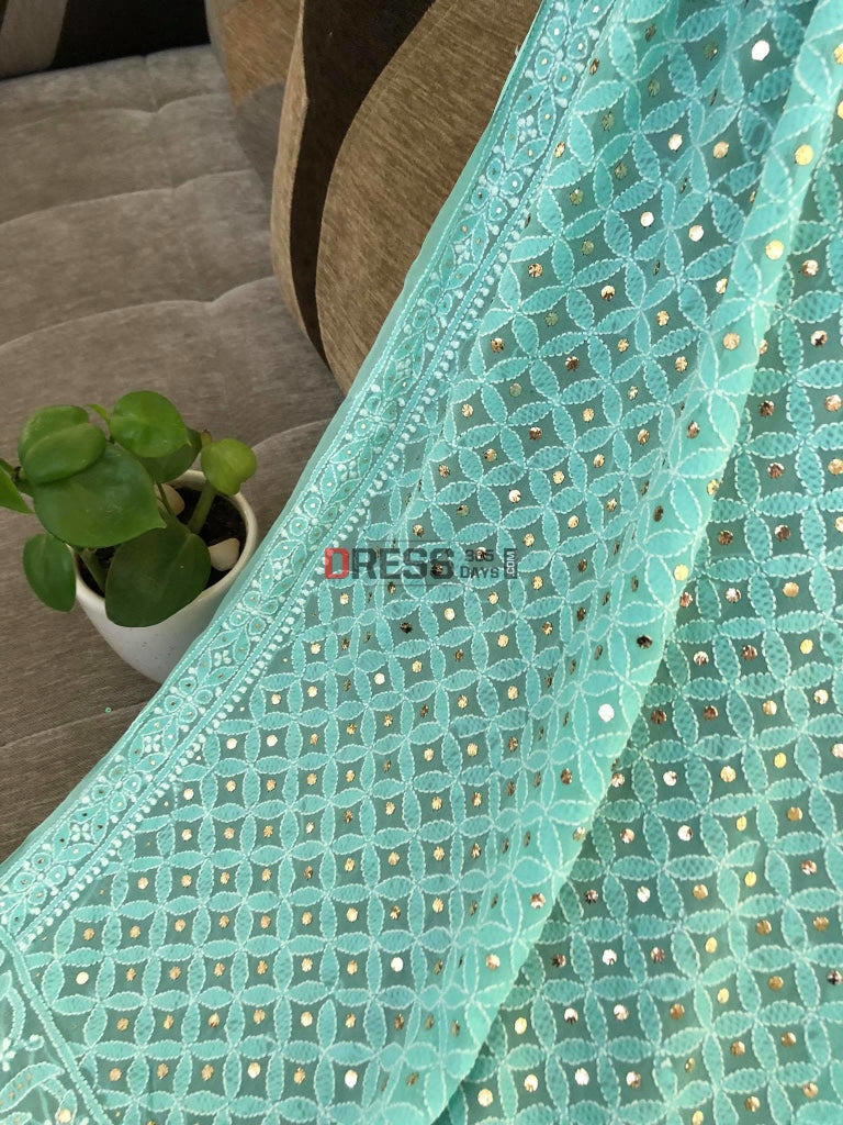 Aqua Green Mukaish Lucknowi Chikankari Dupatta
