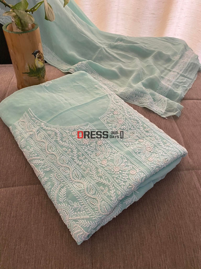 Aqua Green Pearl Lucknowi Chikankari Suit Suits