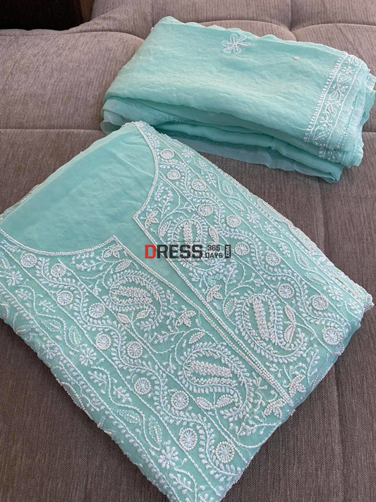 Aqua Green Pearl Lucknowi Kurta Dupatta Chikankari Suits