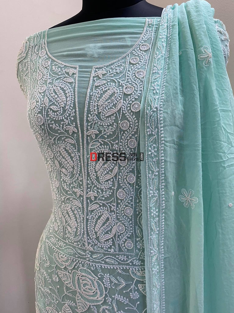 Aqua Green Pearl Lucknowi Kurta Dupatta Chikankari Suits