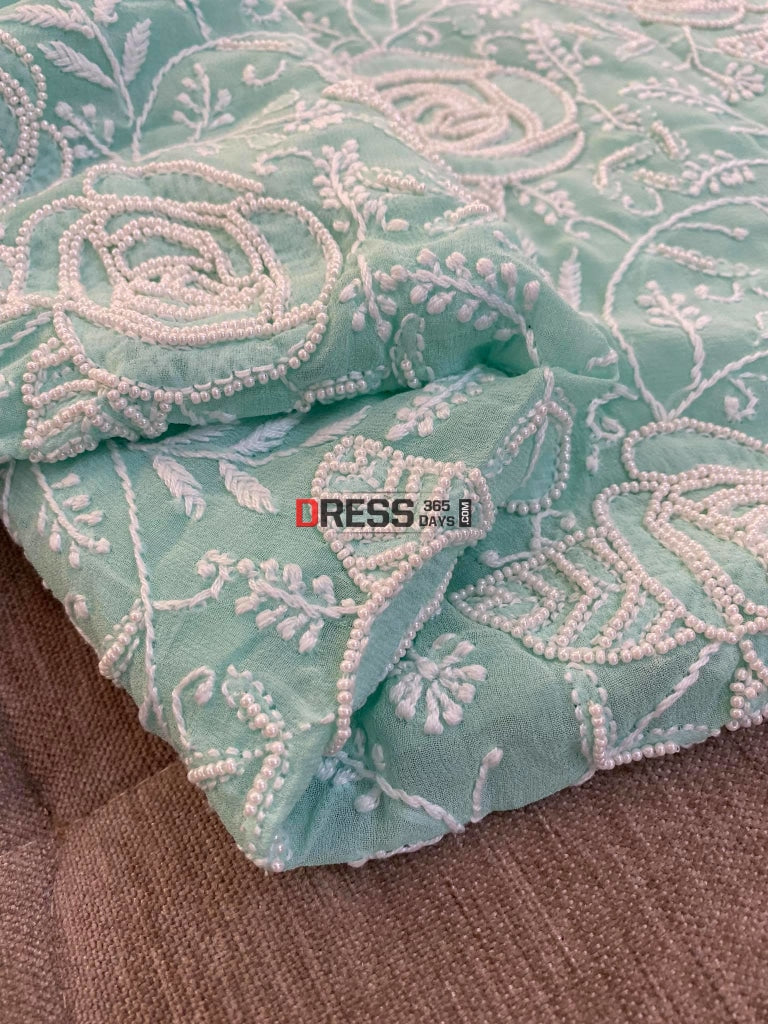 Aqua Green Pearl Lucknowi Kurta Dupatta Chikankari Suits