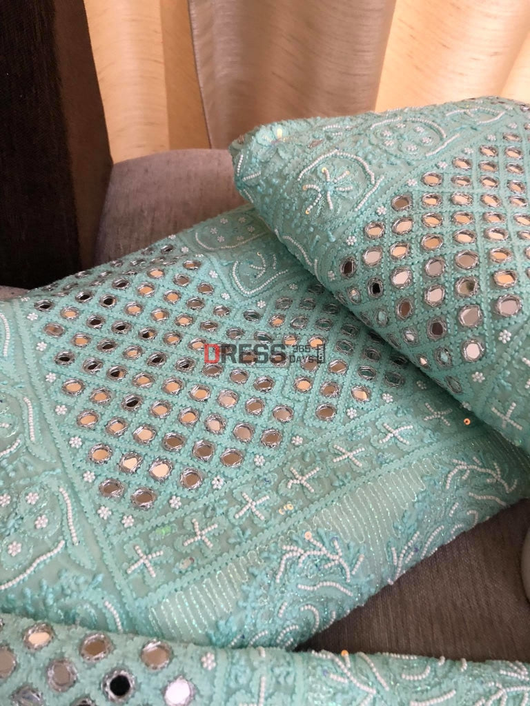 Aqua Green Pearl & Mirror Lehenga Set Chikankari