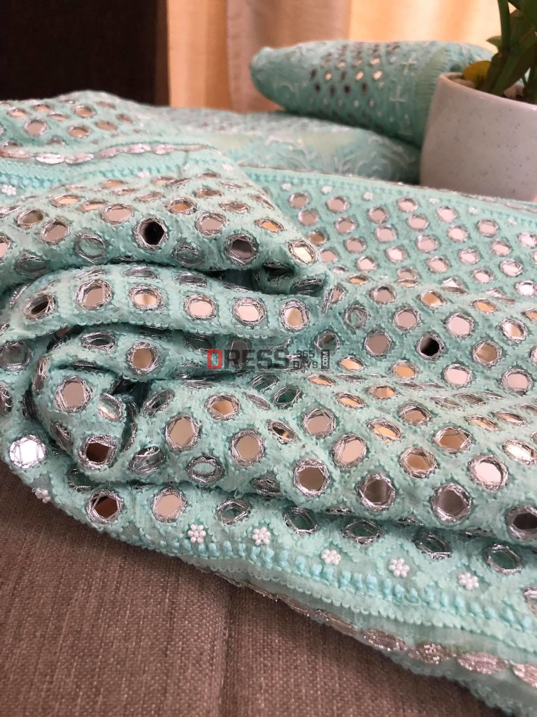 Aqua Green Pearl & Mirror Lehenga Set Chikankari