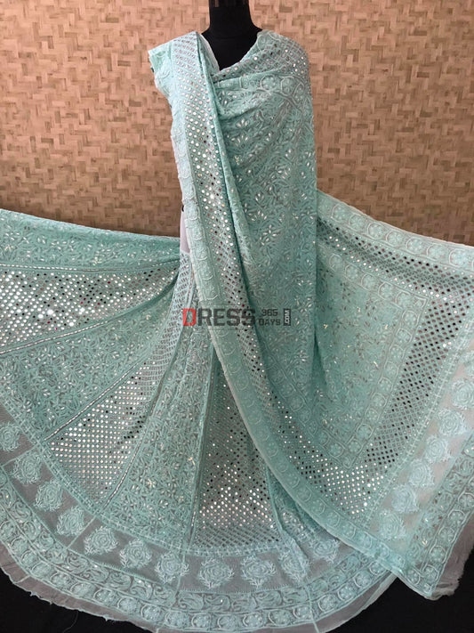 Aqua Green Pearl & Mirror Lehenga Set Chikankari