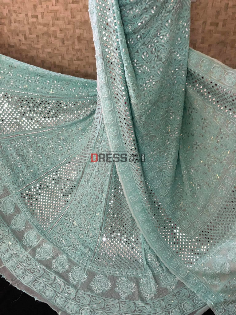 Aqua Green Pearl & Mirror Lehenga Set Chikankari