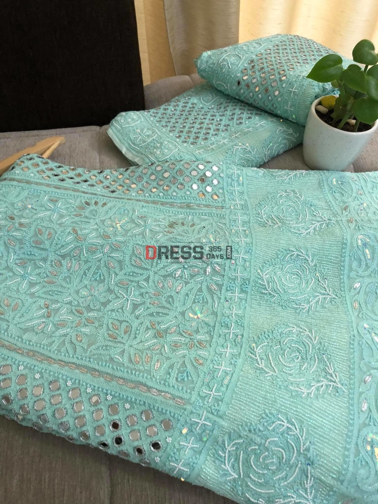 Aqua Green Pearl & Mirror Lehenga Set Chikankari