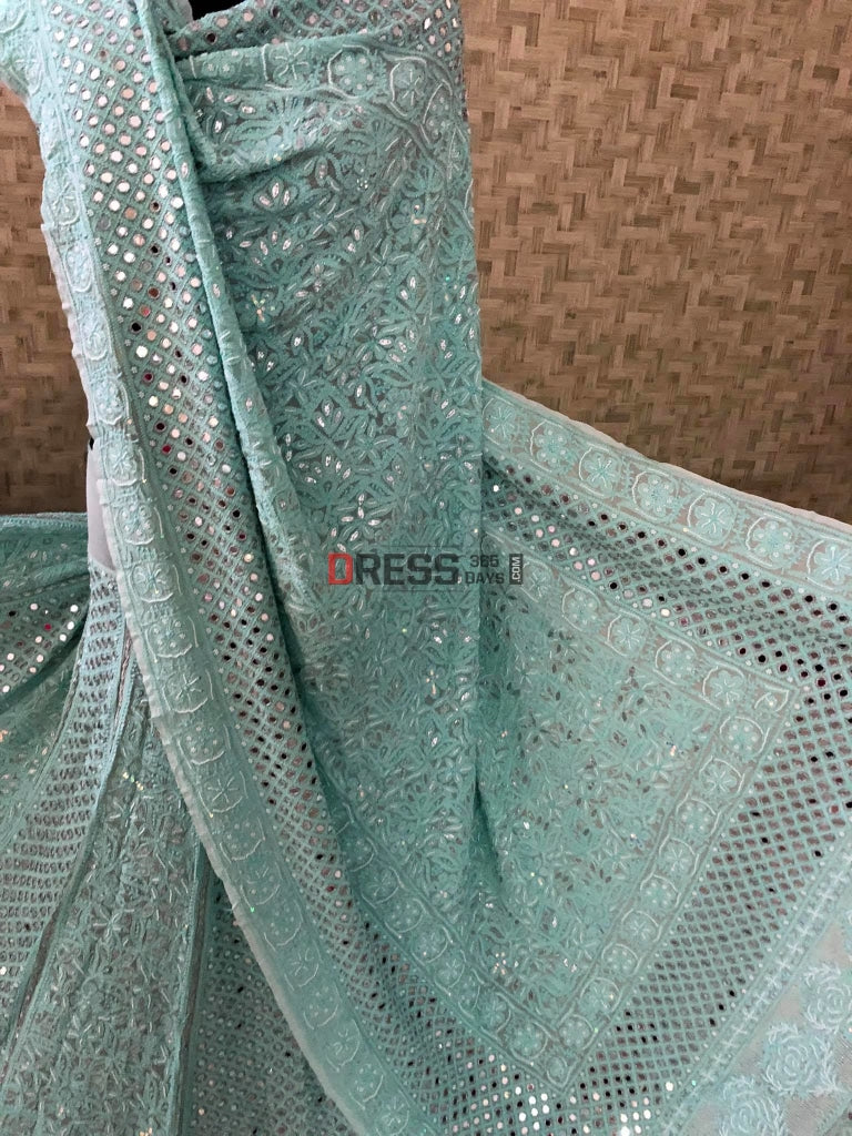 Aqua Green Pearl & Mirror Lehenga Set Chikankari