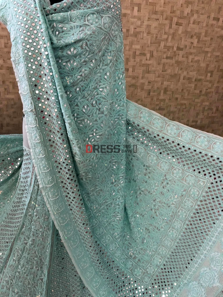 Aqua Green Pearl & Mirror Lehenga Set Chikankari