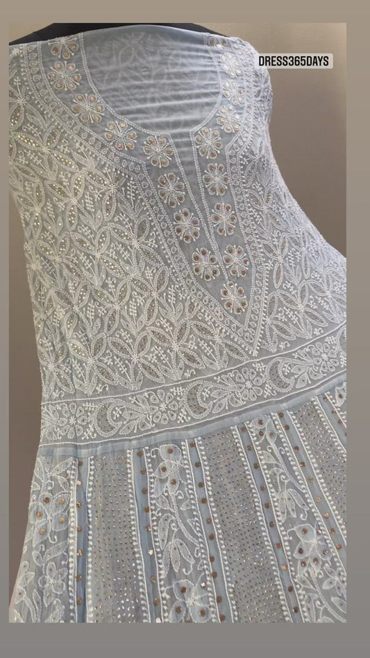 Powder Blue Yoke Style Chikankari Mukaish Anarkali