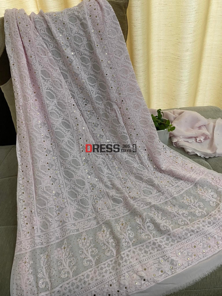Baby Pink Mukaish Chikankari Kurta Dupatta Suits