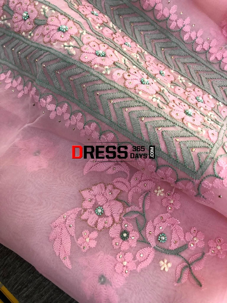 Baby Pink Organza Beads Chikankari Suit & Banarasi Dupatta Suits