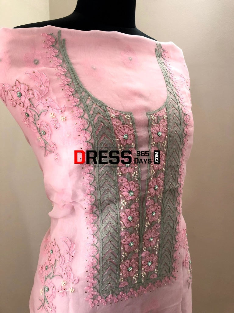 Baby Pink Organza Beads Chikankari Suit & Banarasi Dupatta Suits