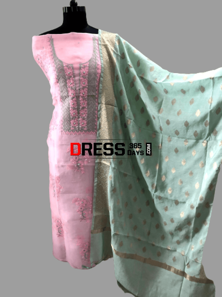 Baby Pink Organza Beads Chikankari Suit & Banarasi Dupatta Suits
