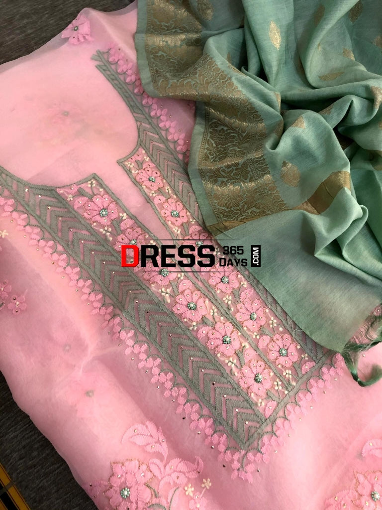 Baby Pink Organza Beads Chikankari Suit & Banarasi Dupatta Suits