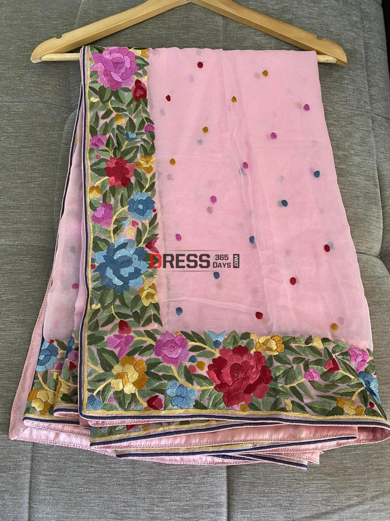 Baby Pink Parsi Gara Hand Embroidered Dupatta