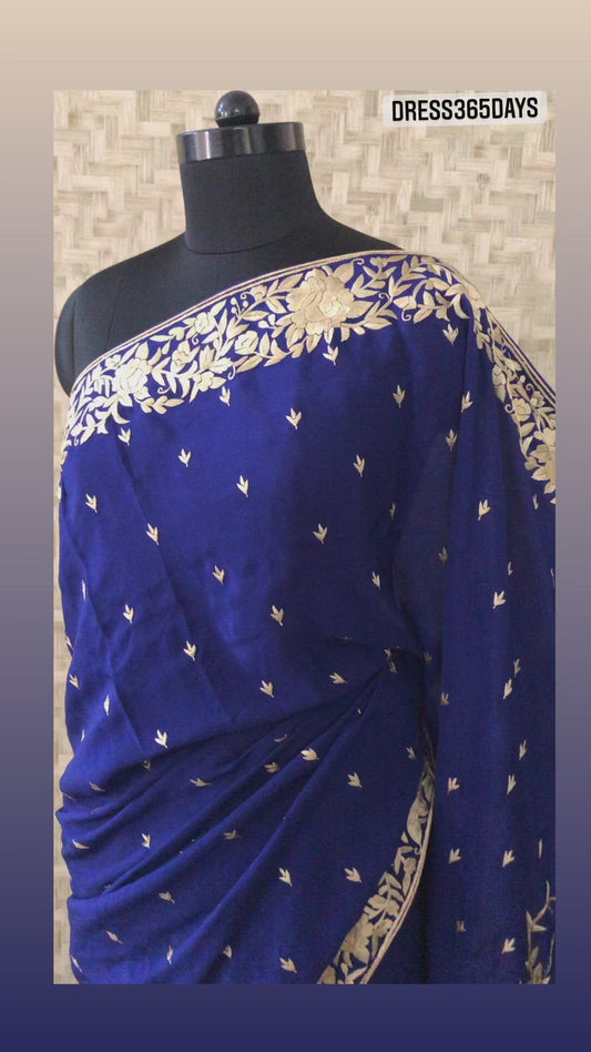 Designer Parsi Gara Navy & Gold Crepe Silk Saree