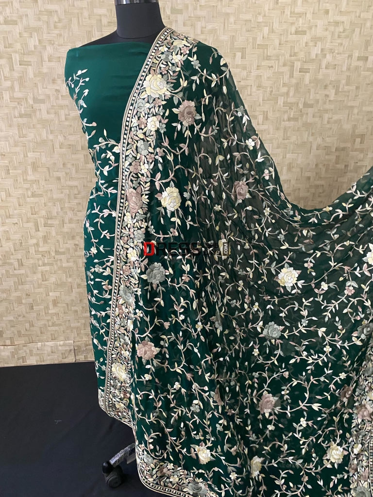 Beautiful Emerald Green Parsi Gara Suit (Three Piece) Suits
