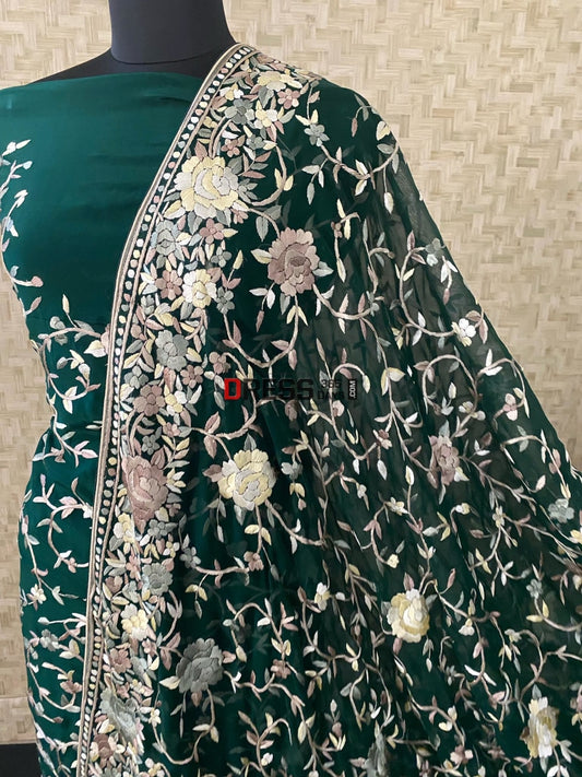 Beautiful Emerald Green Parsi Gara Suit (Three Piece) Suits