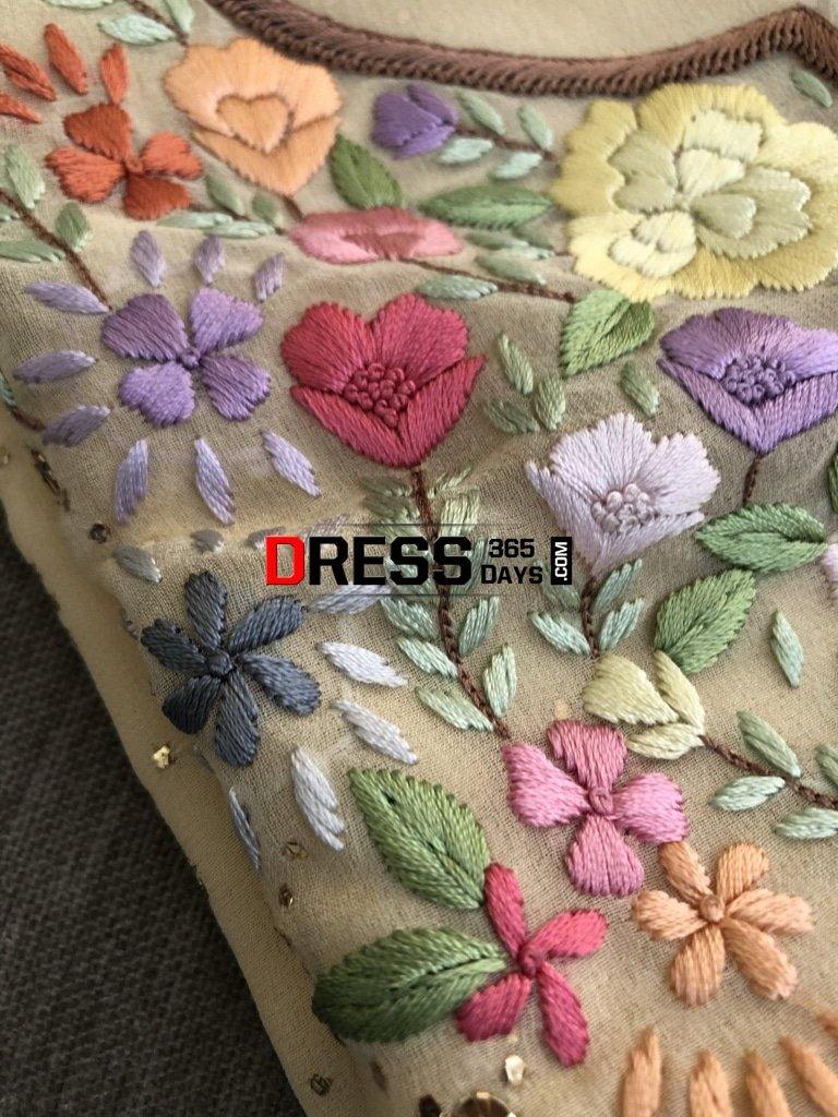 Beige All Over Mukaish Parsi Gara Suit Chikankari Suits