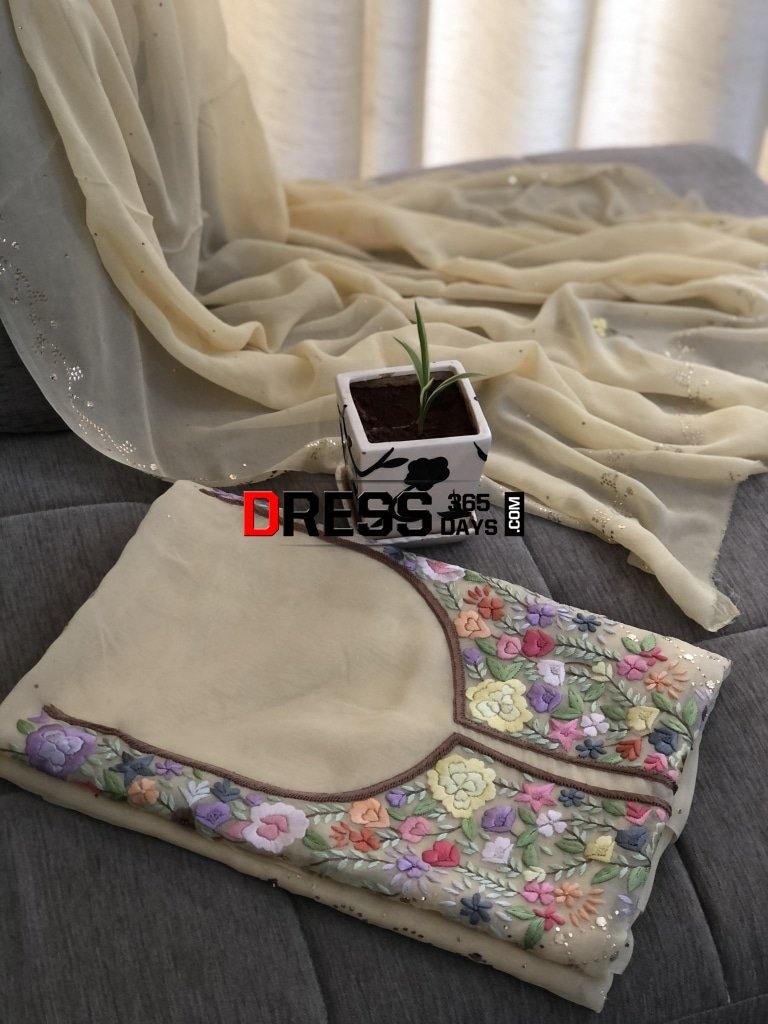 Beige All Over Mukaish Parsi Gara Suit Chikankari Suits