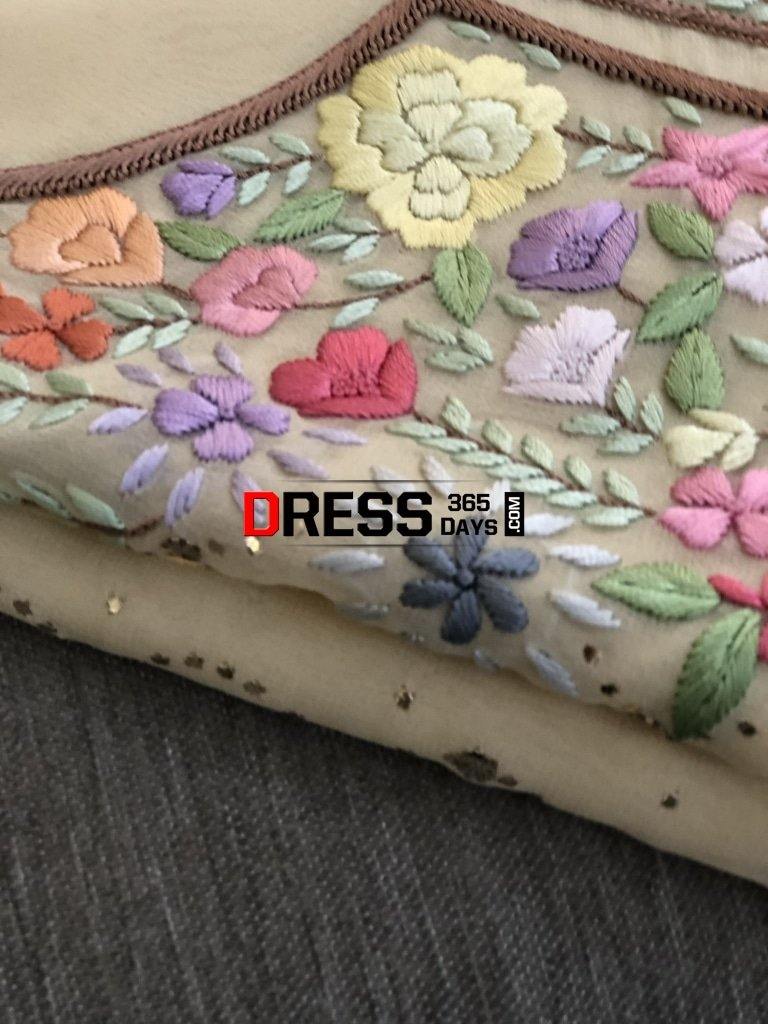 Beige All Over Mukaish Parsi Gara Suit Chikankari Suits