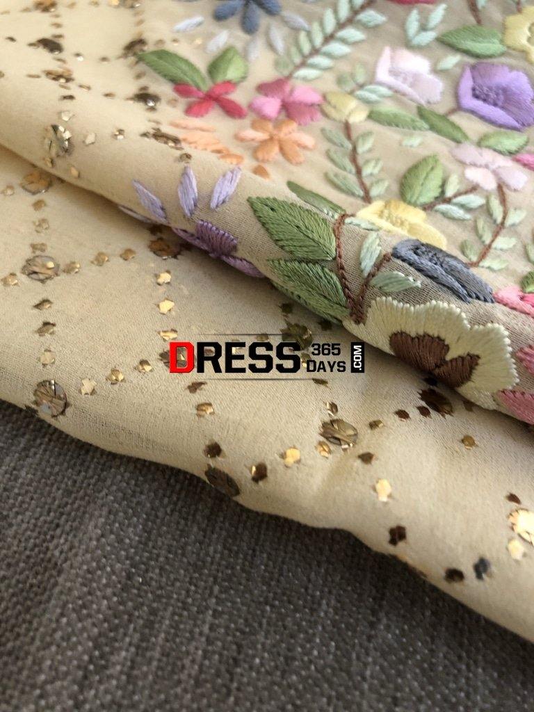 Beige All Over Mukaish Parsi Gara Suit Chikankari Suits